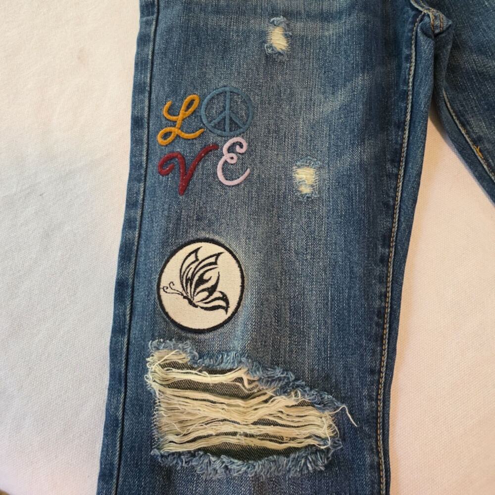Forever 21 Men's Slim Fit Patch Jeans 32 Peace Embroidered Painted Streetwear - Picture 7 of 13